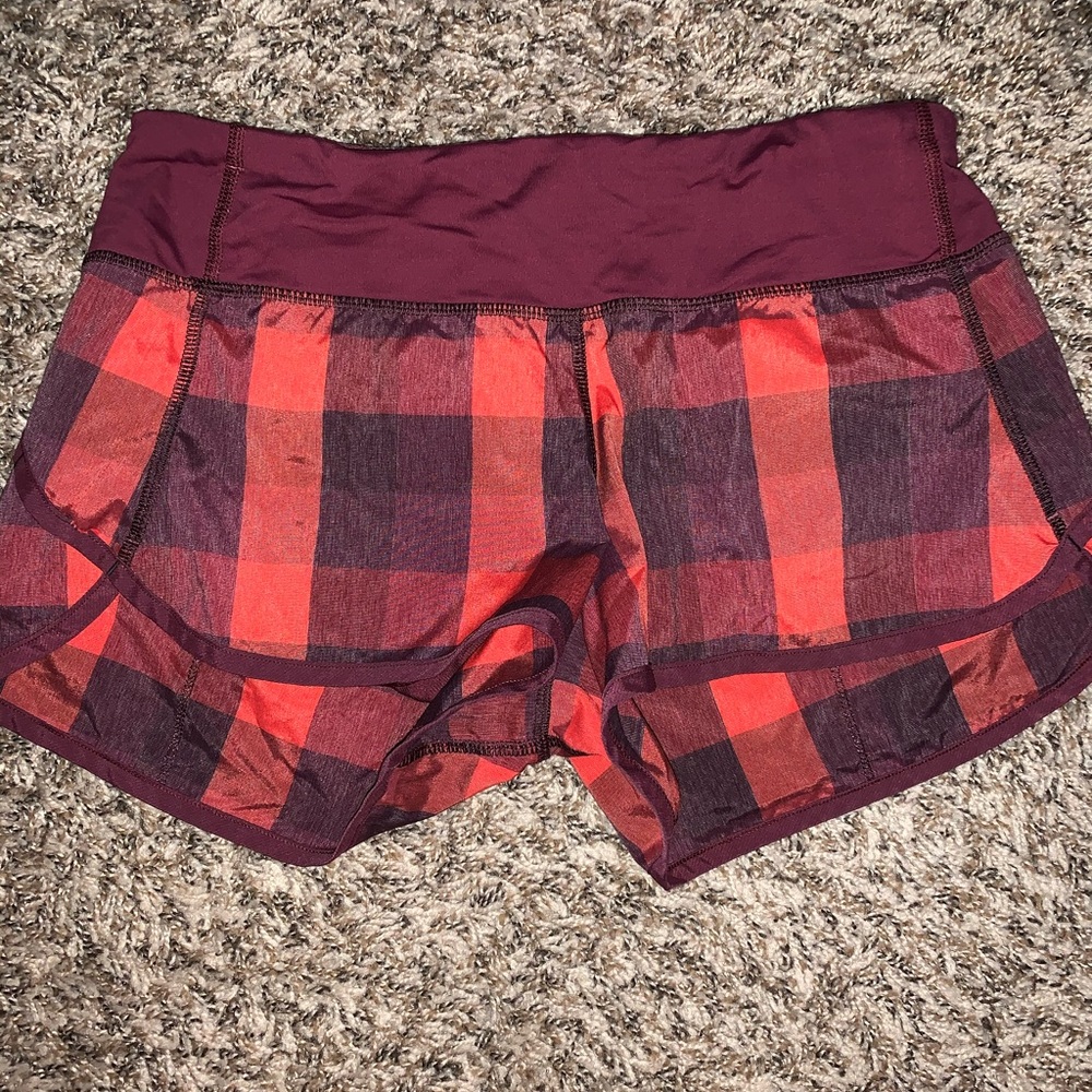 ululemon purple and red reflective shorts